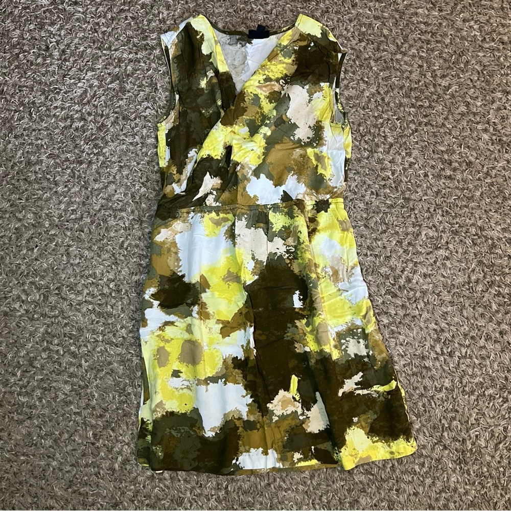 Mossimo Y2K Womens S Faux Wrap Dress Green Yellow Watercolor Print V-Neckline